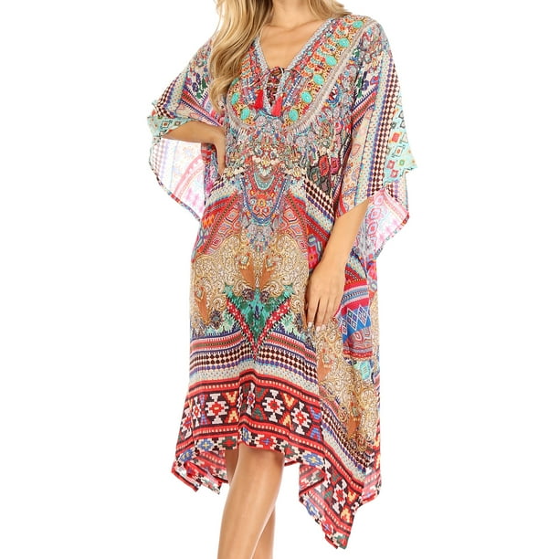 Sakkas Zeni Women/'s Short Sleeve V-Neck Summer Floral Print Caftan Dress Cover-up
